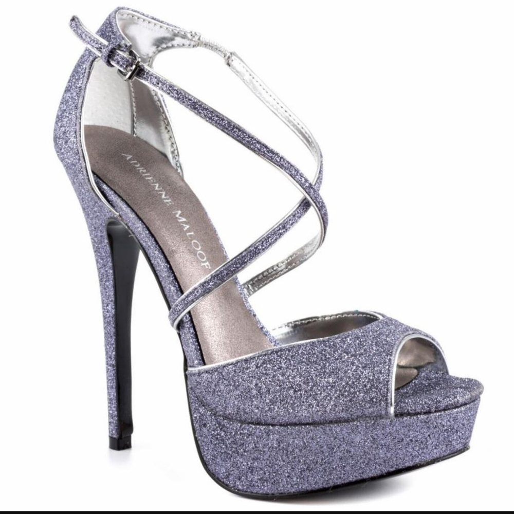NIB $139 Adrienne Maloof Silver Glitter Platform Heels Sz 8